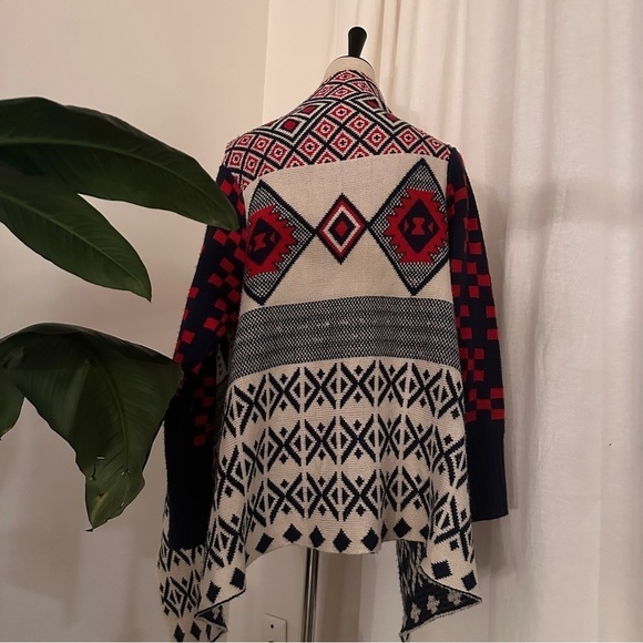 𝅺Double Zero Southwestern Knit Red Navy Blue Open Front Slouchy Chunky Cardigan - Picture 6 of 9